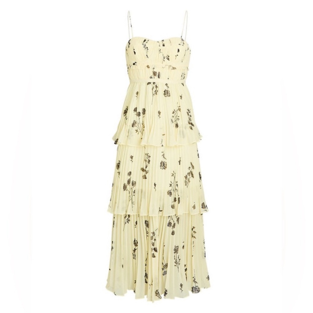 Self Portrait Yellow Floral Silhouette Chiffon Tiered Midi Dress Pastel Yellow - Picture 4 of 15